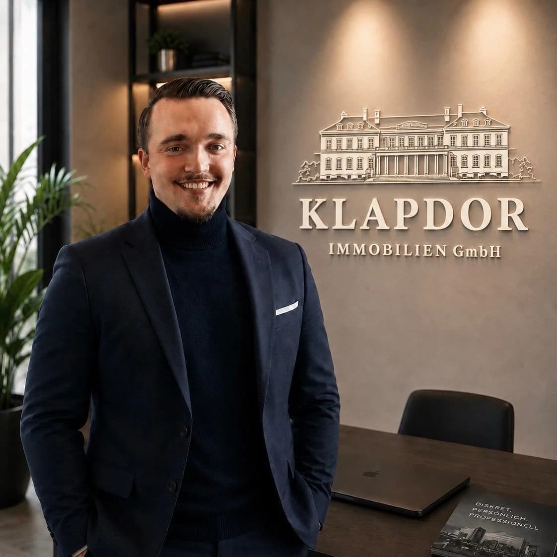 Jannik Klapdor vor der beleuchteten KLAPDOR-Immobilien-Logowand in seinem Büro